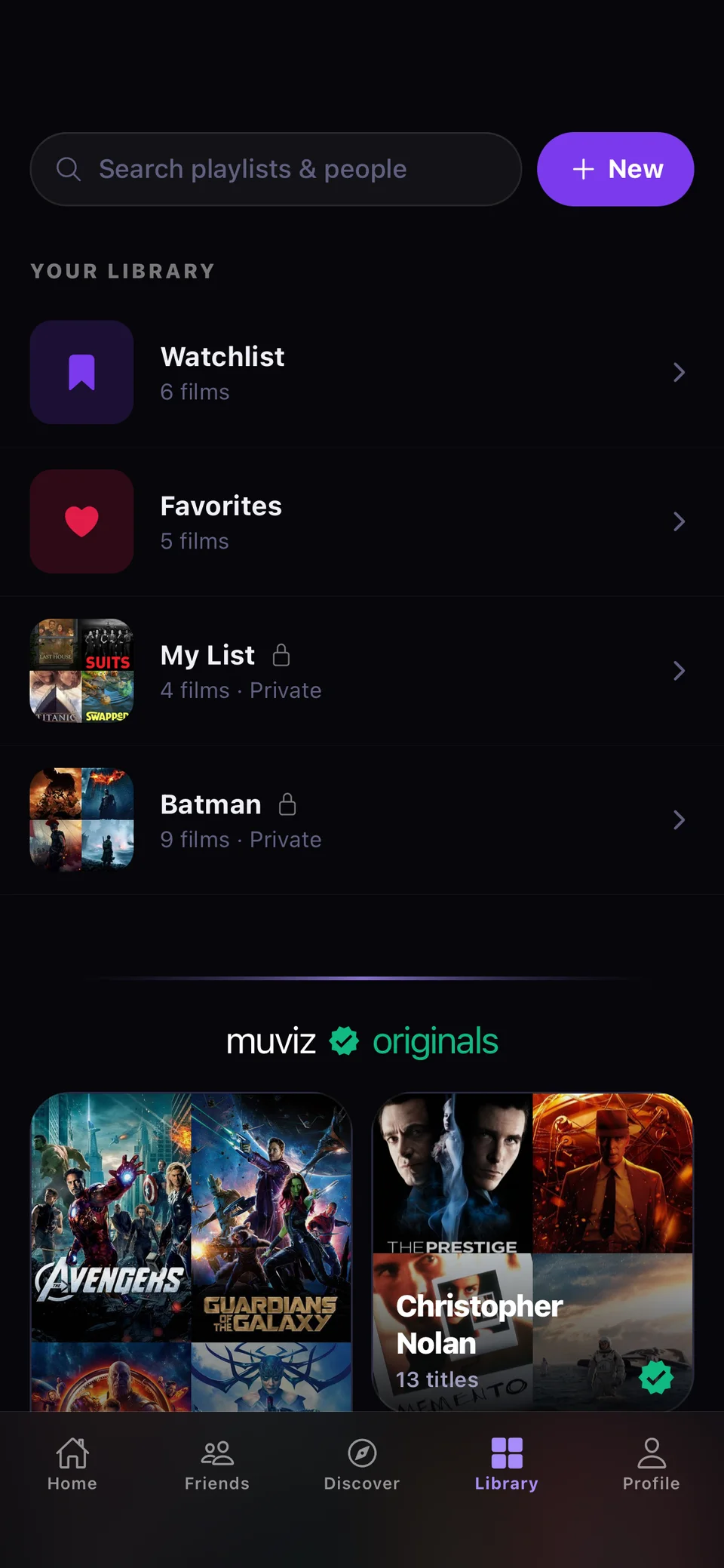 Muviz Your library screen
