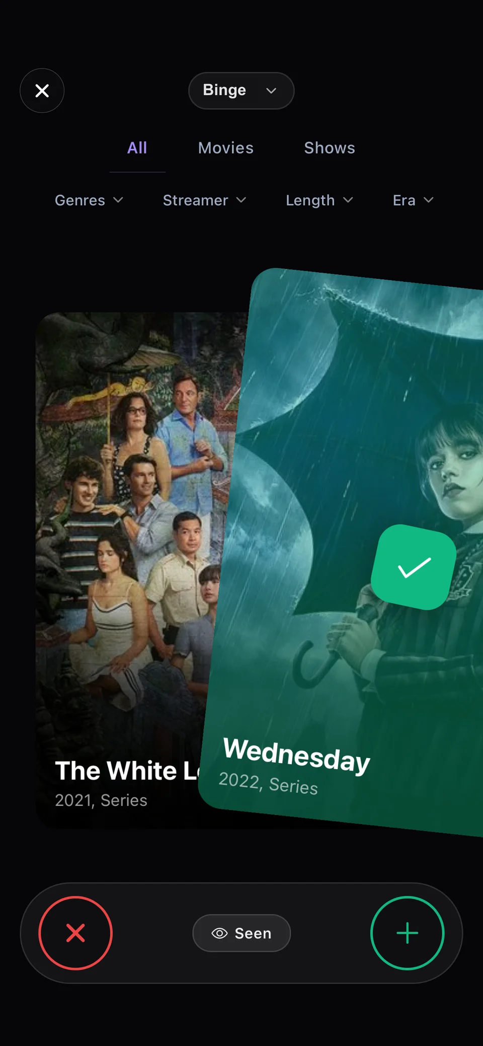 Muviz swipe cards: like or pass on movies and shows