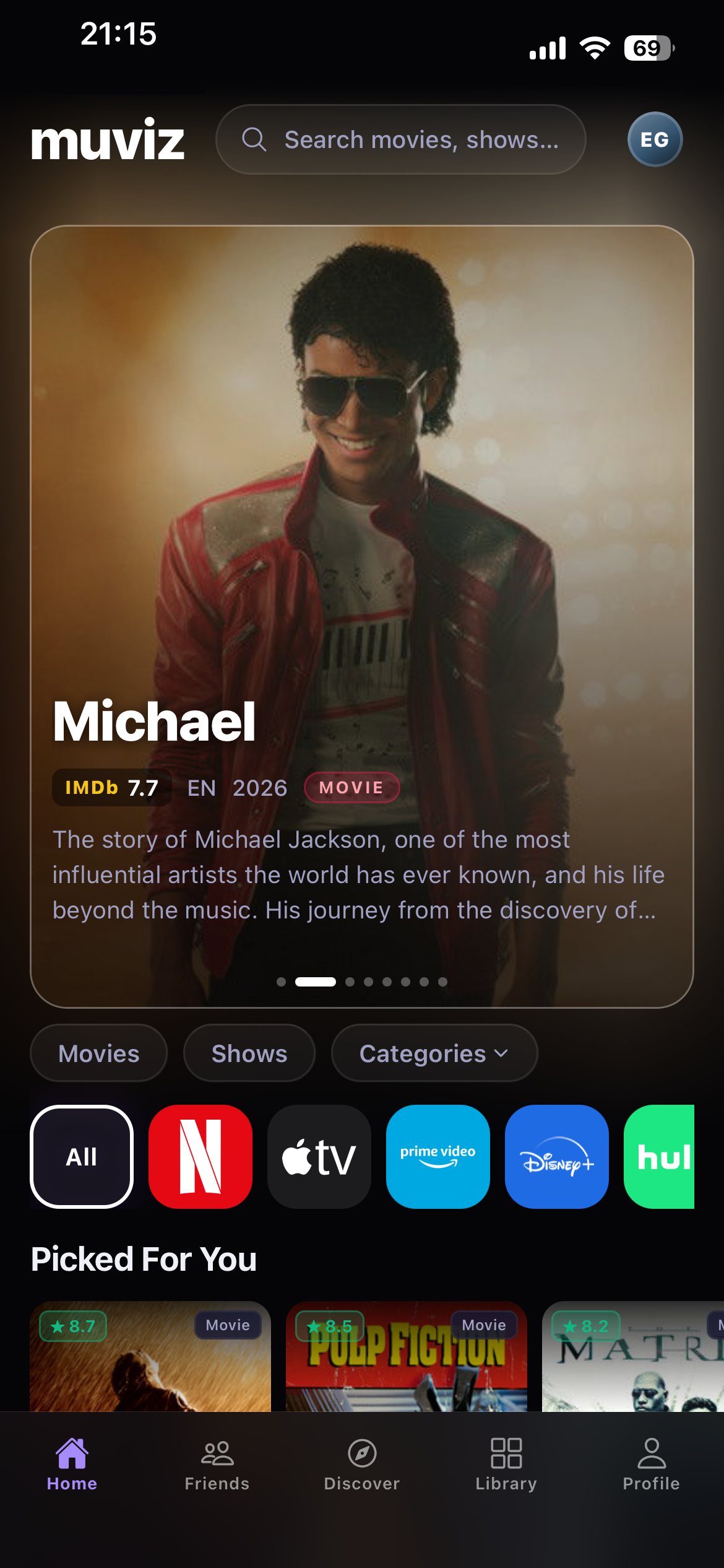 The Muviz app home screen